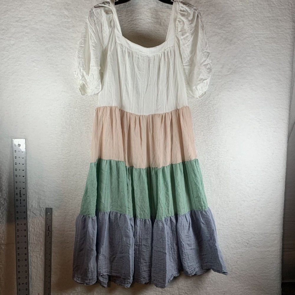 Aura Peasant Dress Women's‎ Small Colorblock Tiered Puff Sleeve Midi 7130 - Picture 2 of 8